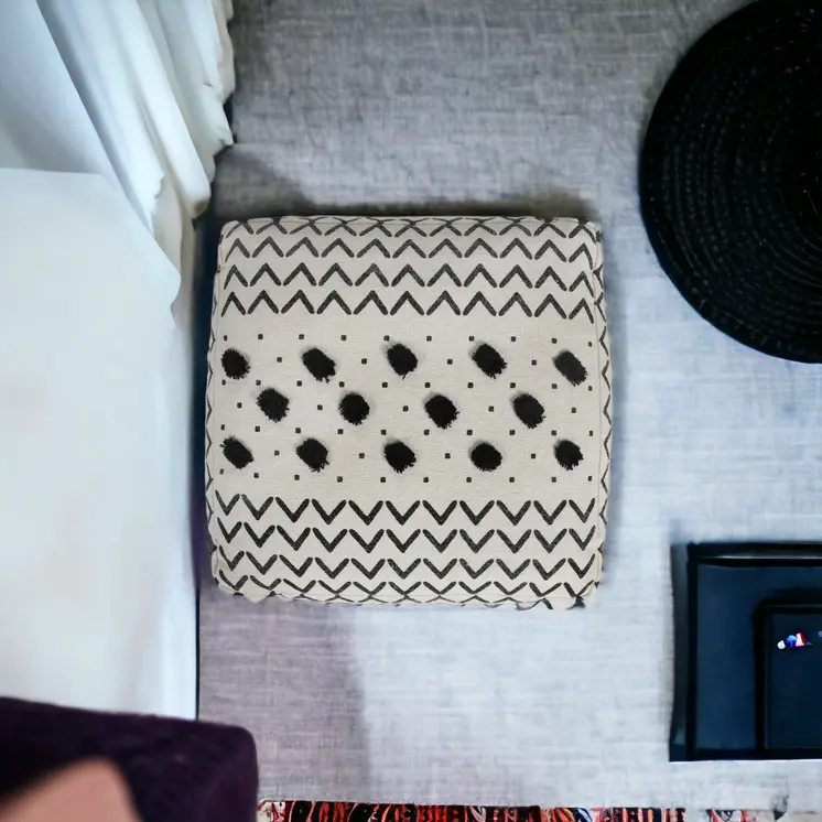 18" White Cotton Chevron Pouf Ottoman