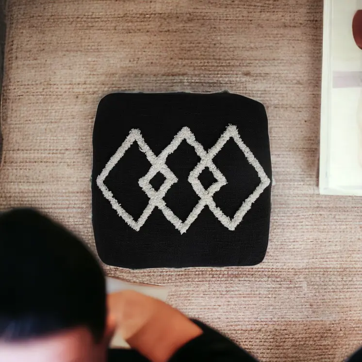 18" Black Cotton Geometric Pouf Ottoman