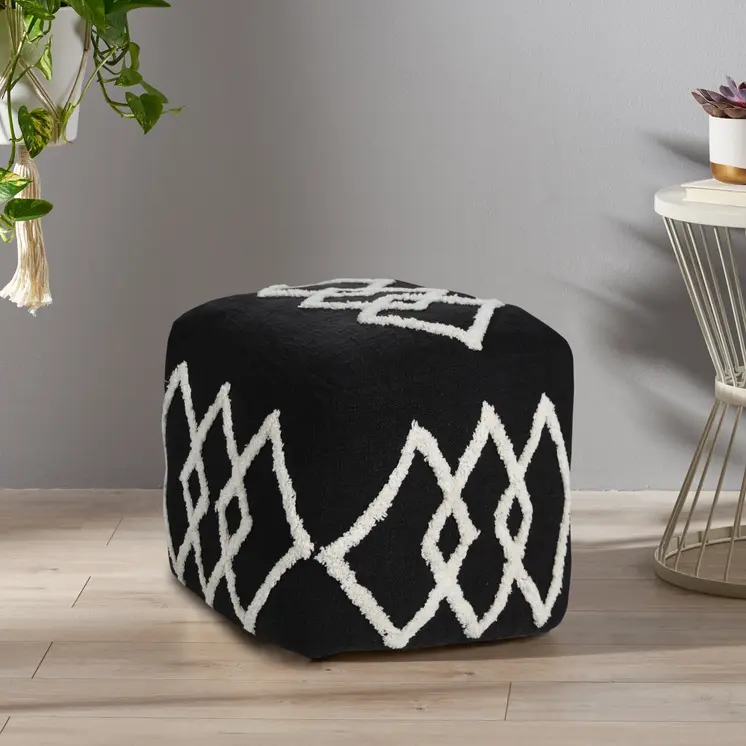 18" Black Cotton Geometric Pouf Ottoman