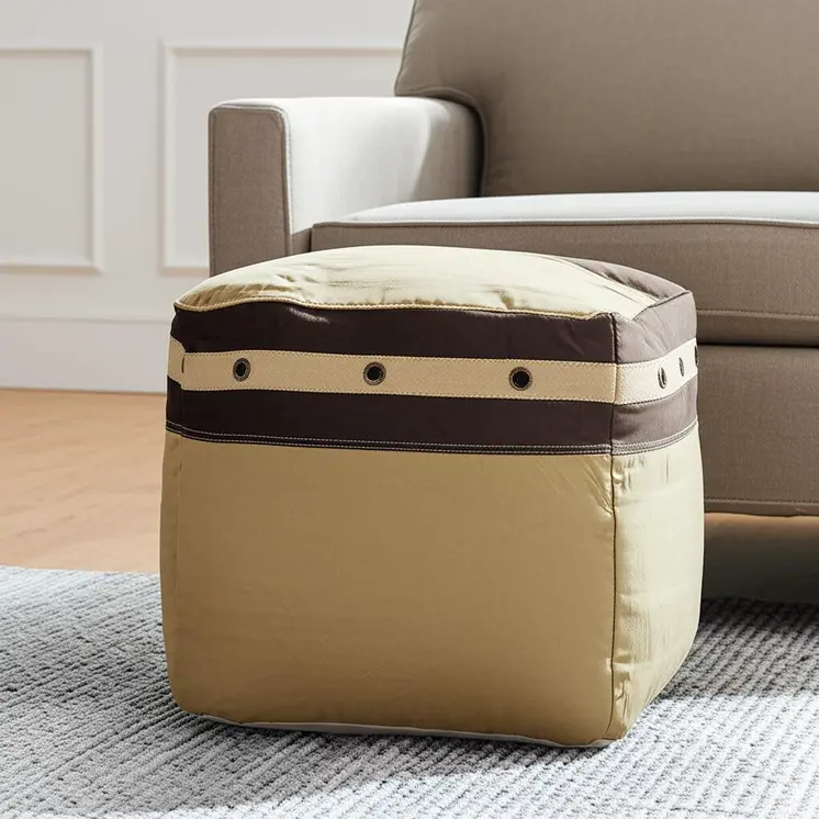 20" Brown Cotton Striped Pouf Ottoman