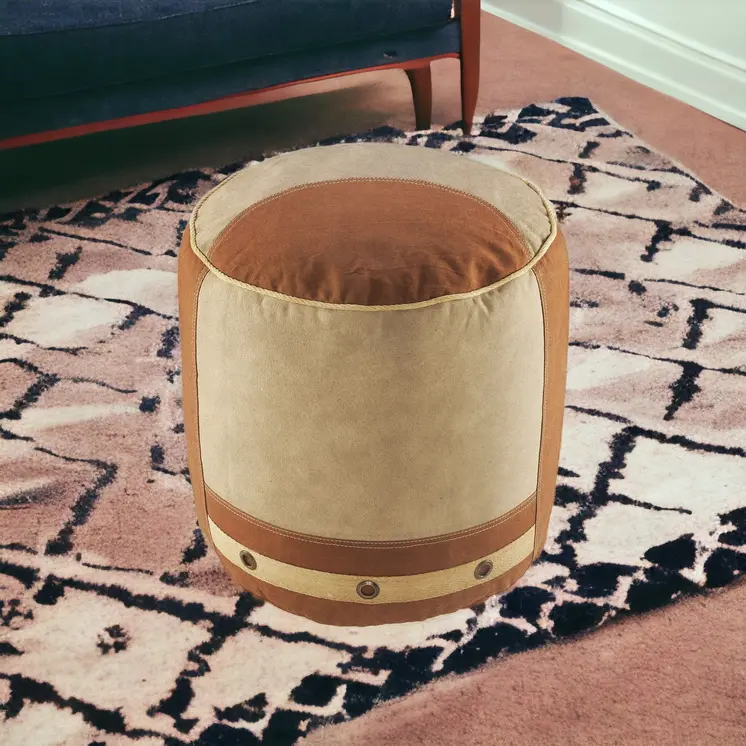 16" Tan Cotton Cylinder Striped Pouf Ottoman