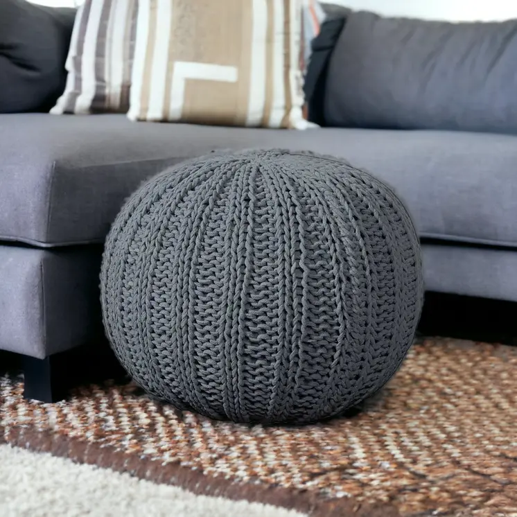 20" Gray Cotton Round Pouf Ottoman