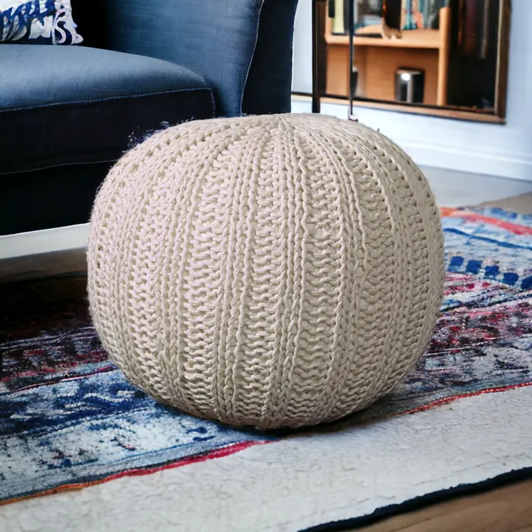 20" Beige Cotton Round Pouf Ottoman