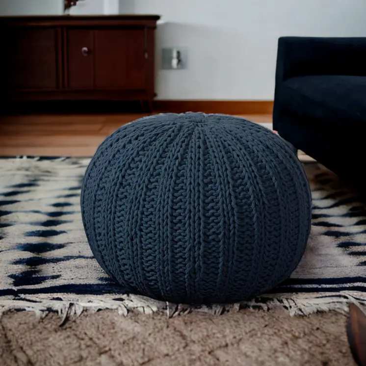 20" Blue Cotton Round Pouf Ottoman