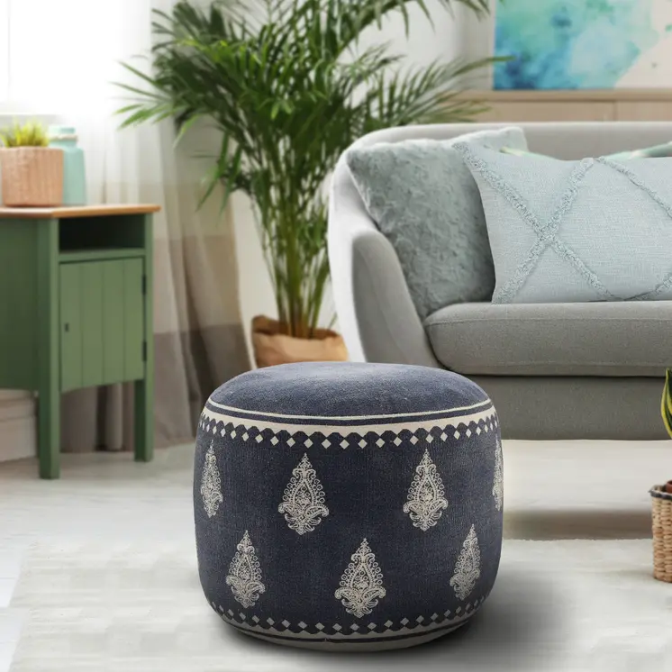 18" Blue Cotton Cylinder Paisley Pouf Ottoman