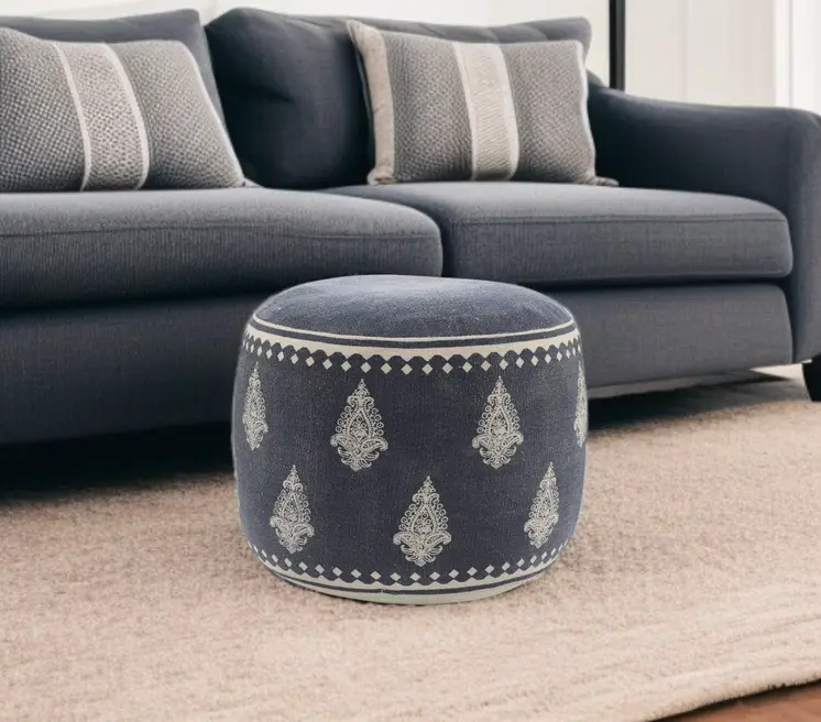 18" Blue Cotton Cylinder Paisley Pouf Ottoman