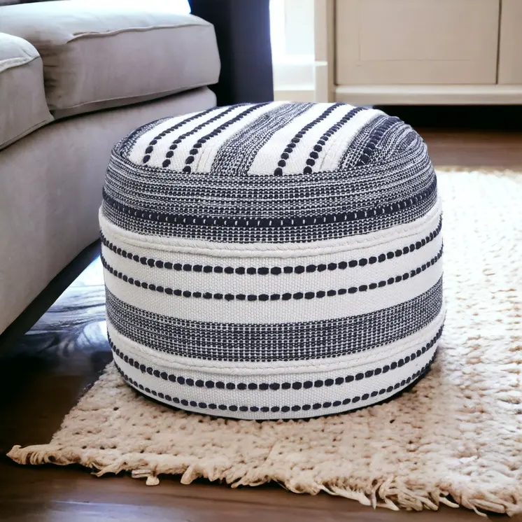 18" Blue Cotton Cylinder Striped Pouf Ottoman