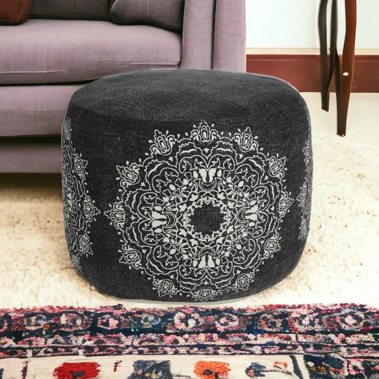 18" Black Cotton Cylinder Medallion Pouf Ottoman