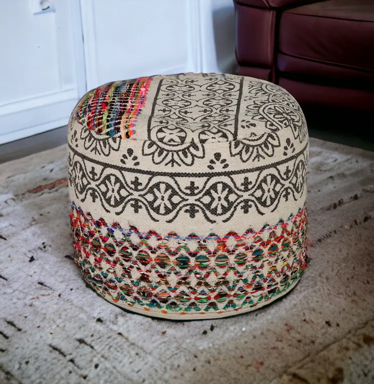 18" Rainbow And Gray Cylinder Geometric Pouf Ottoman