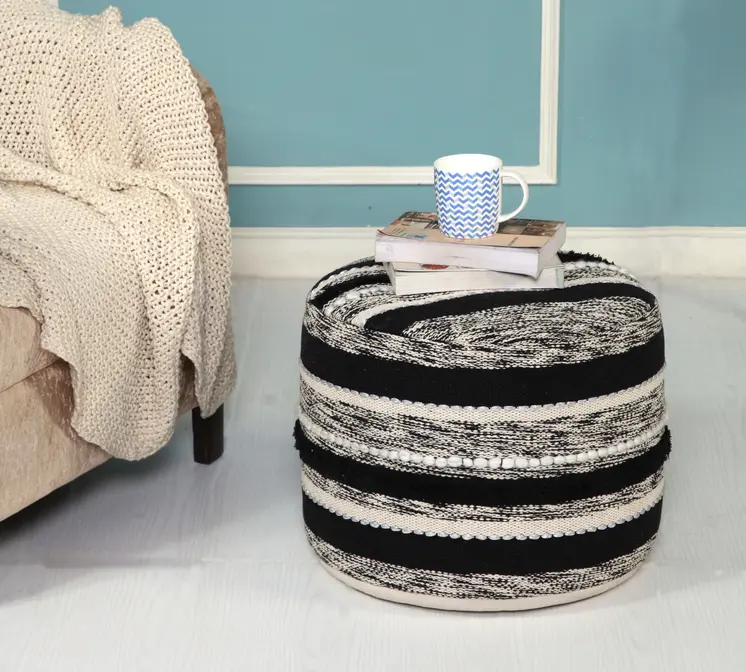 18" White Cotton Cylinder Striped Pouf Ottoman