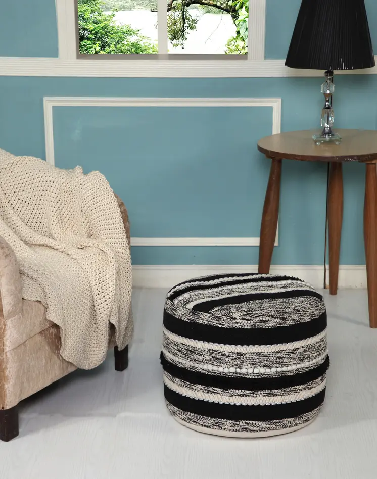 18" White Cotton Cylinder Striped Pouf Ottoman