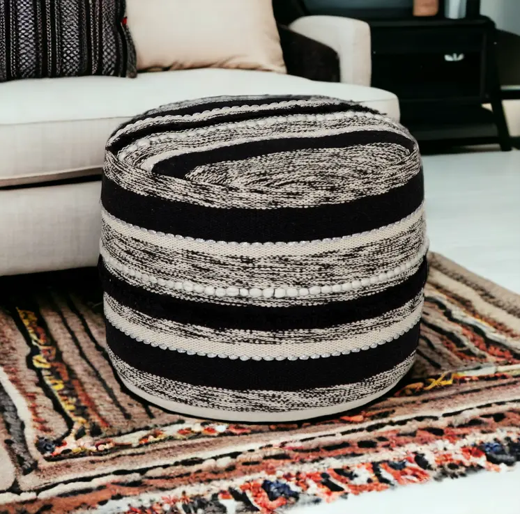 18" White Cotton Cylinder Striped Pouf Ottoman