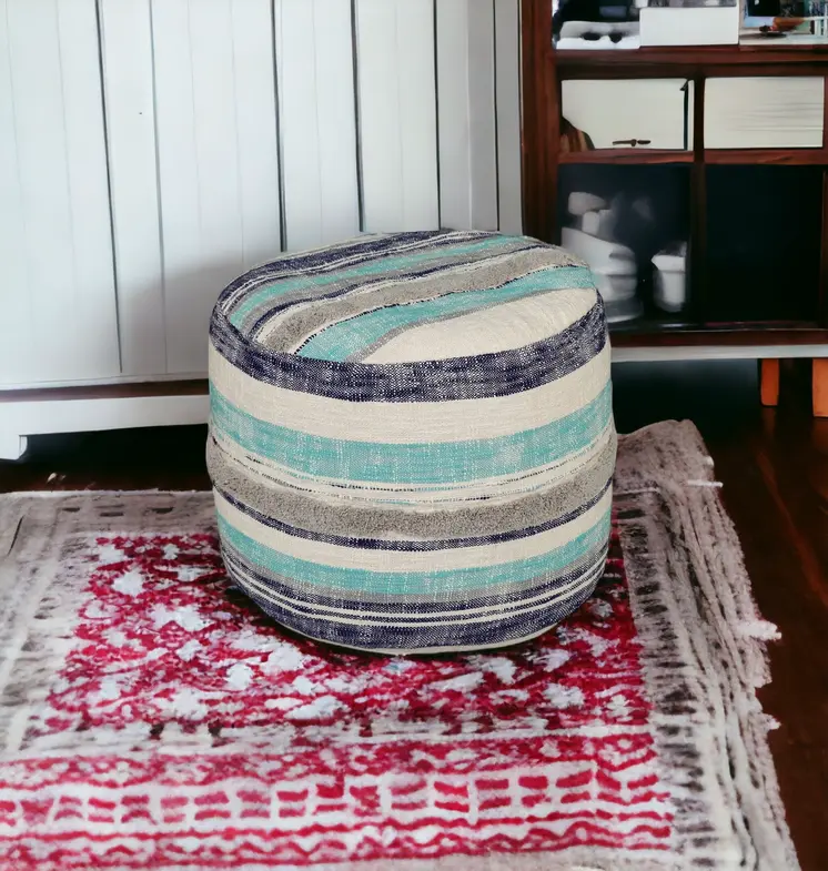 18" Blue Cotton Cylinder Striped Pouf Ottoman