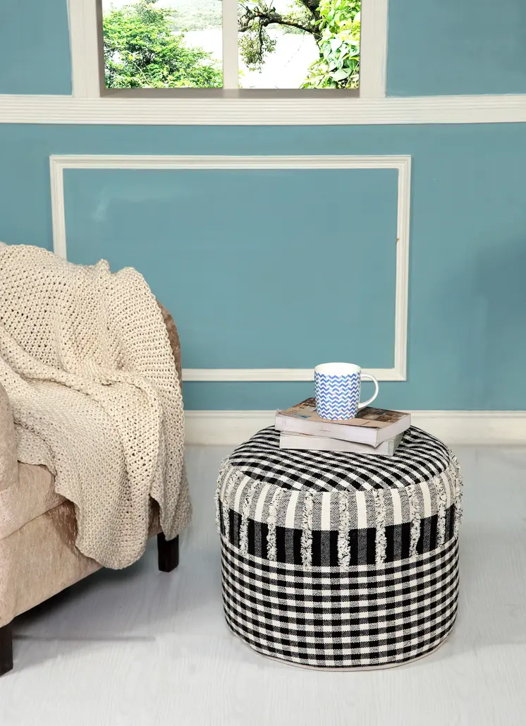 18" Black Cotton Cylinder Plaid Pouf Ottoman