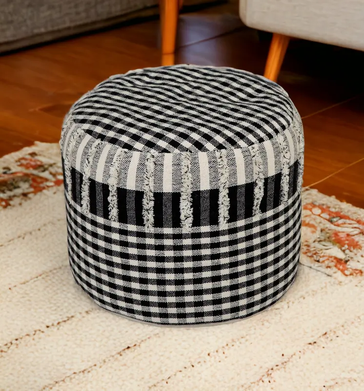 18" Black Cotton Cylinder Plaid Pouf Ottoman