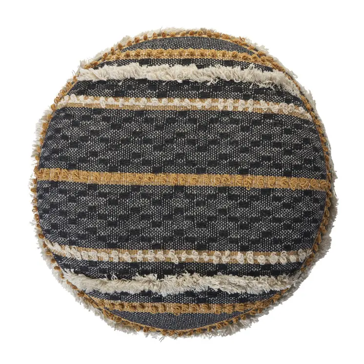 18" Black Cotton Cylinder Striped Pouf Ottoman