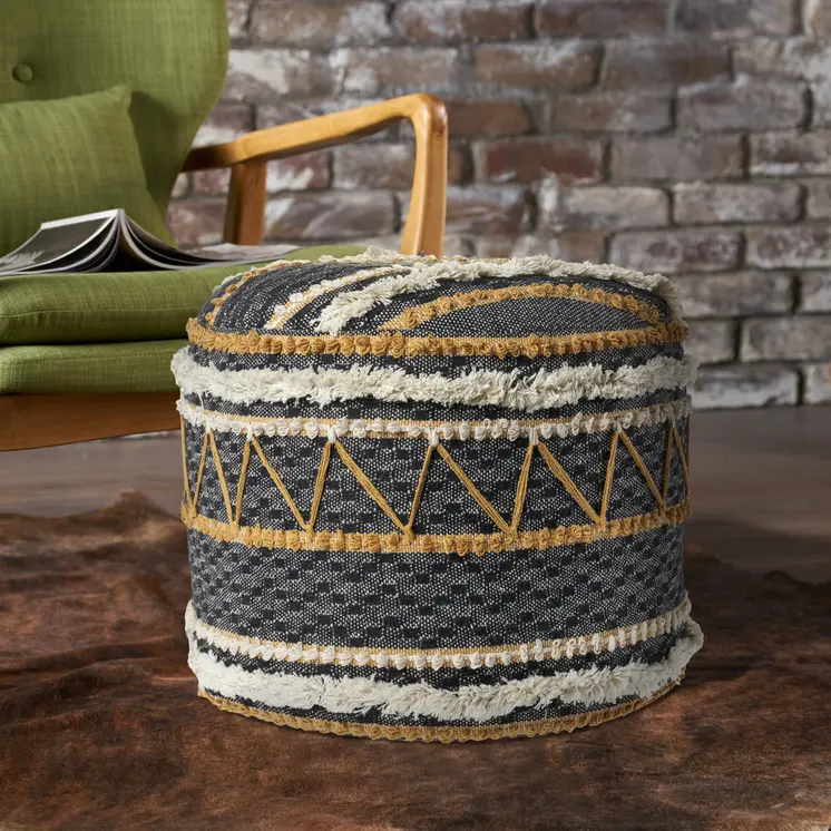 18" Black Cotton Cylinder Striped Pouf Ottoman