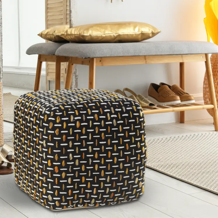 16" Black Fabric Geometric Pouf Ottoman