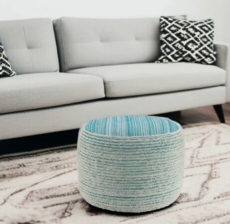 18" Blue Fabric Cylinder Striped Pouf Ottoman
