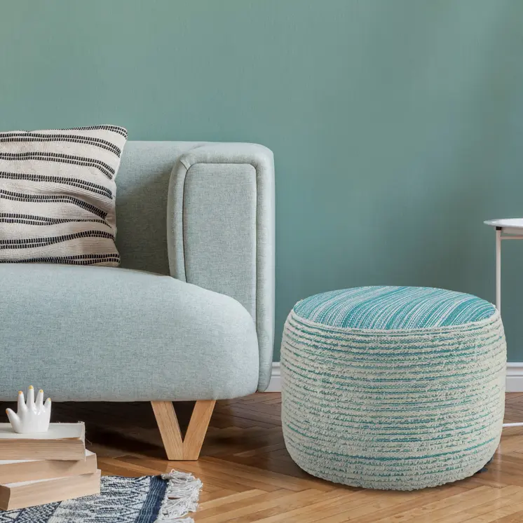 18" Blue Fabric Cylinder Striped Pouf Ottoman