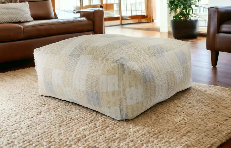48" Cream Cotton Patchwork Pouf Ottoman