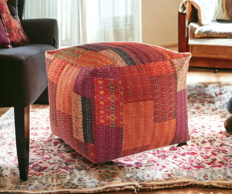 24" Red Patchwork Pouf Ottoman