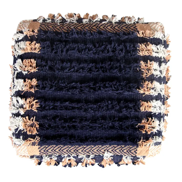 18" Blue Cotton Geometric Pouf Ottoman