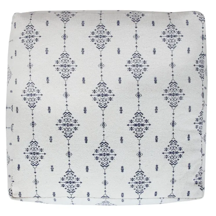18" Natural And Navy Blue Cotton Medallion Pouf Ottoman