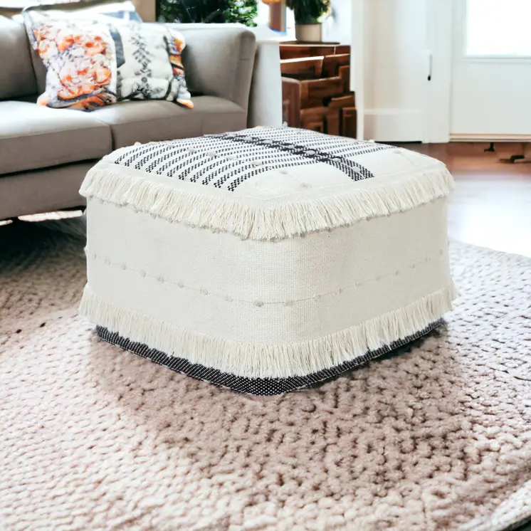 18" White Cotton Striped Pouf Ottoman