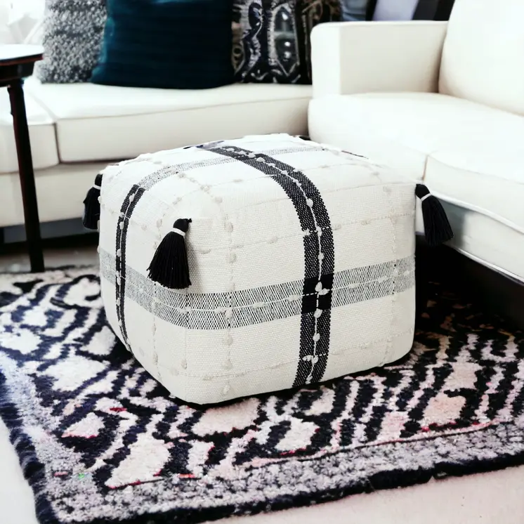 18" Black Cotton Striped Pouf Ottoman