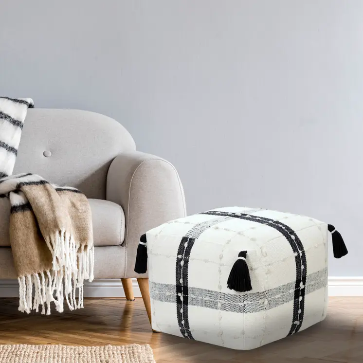 18" Black Cotton Striped Pouf Ottoman