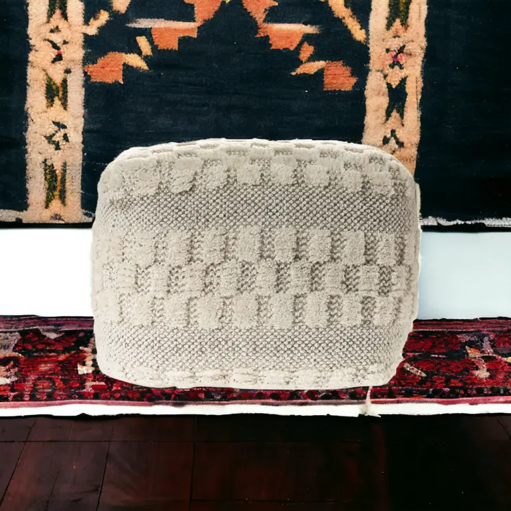 18" Beige Geometric Pouf Ottoman