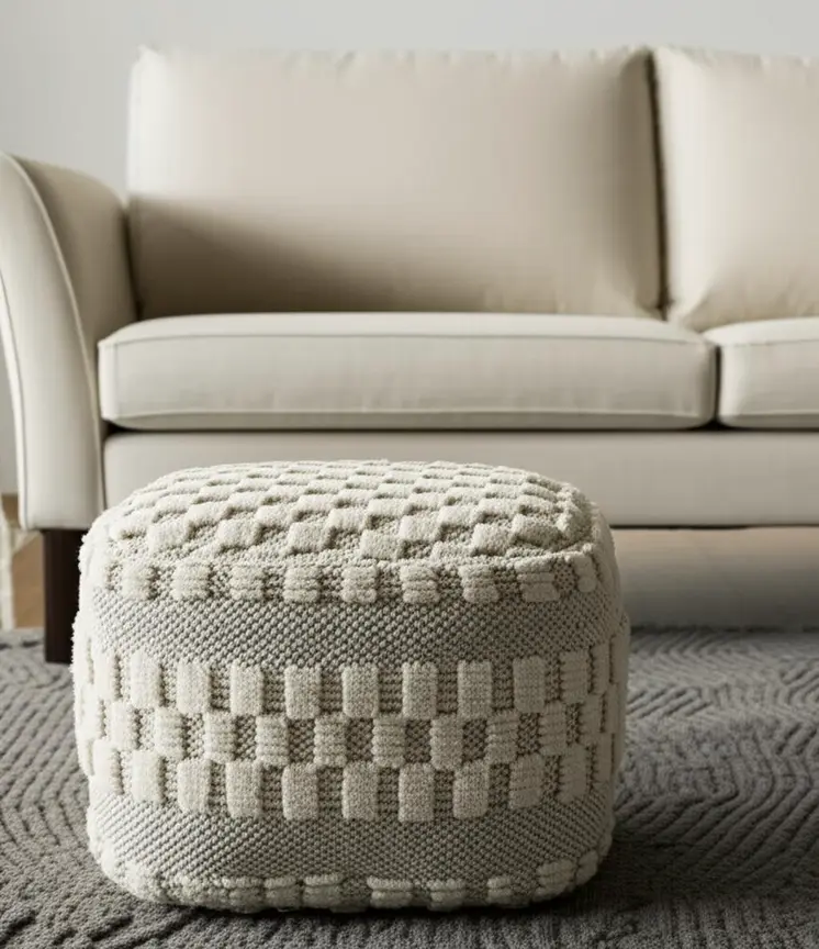 18" Beige Geometric Pouf Ottoman