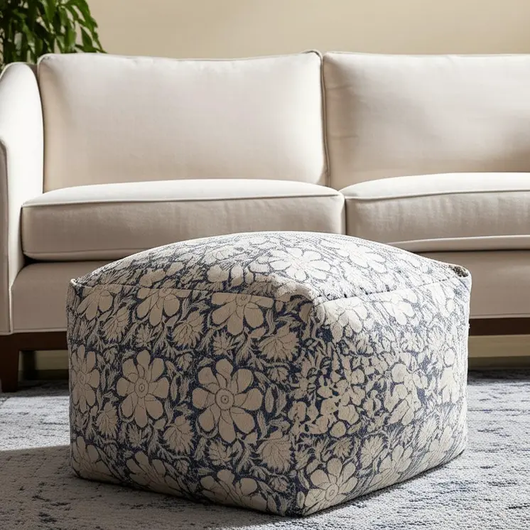 20" Beige Cotton Abstract Pouf Ottoman