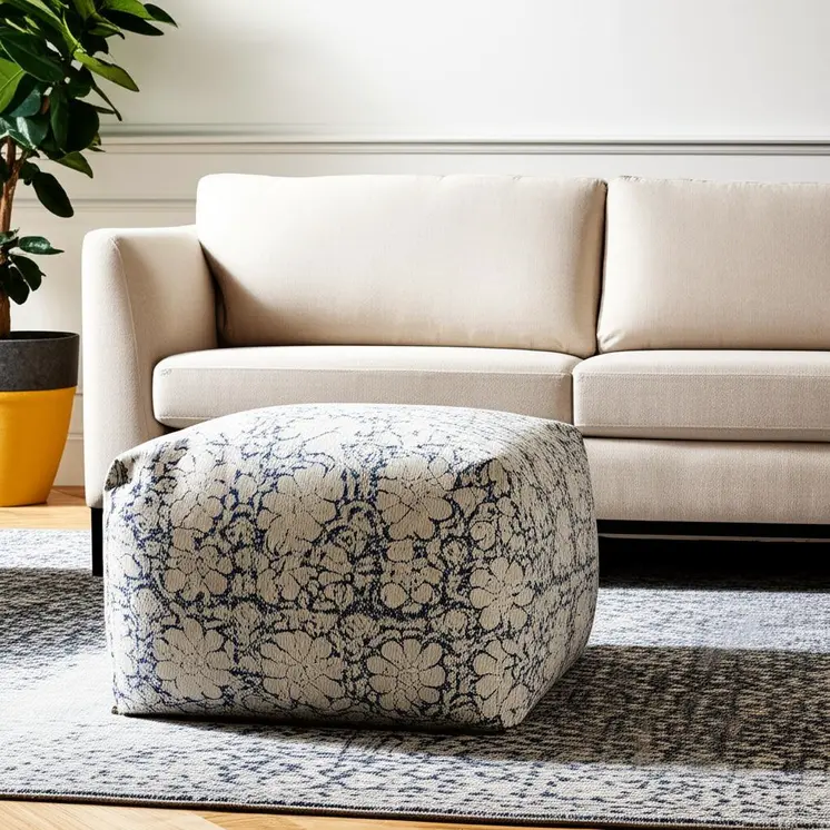20" Beige Cotton Abstract Pouf Ottoman