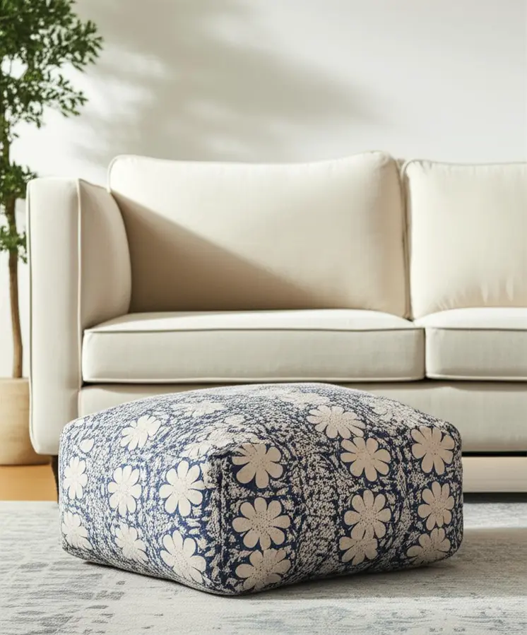 20" Beige Cotton Abstract Pouf Ottoman