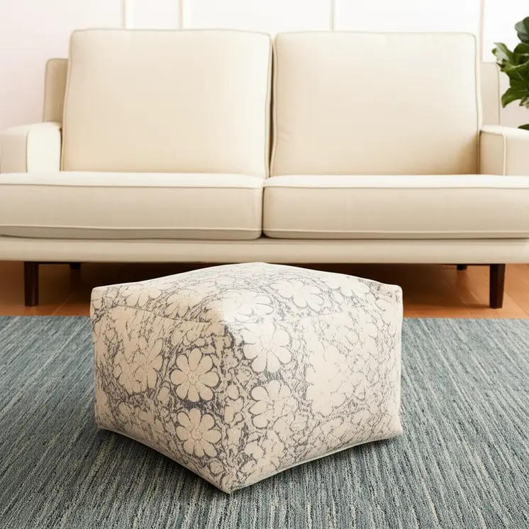 20" Beige Cotton Abstract Pouf Ottoman