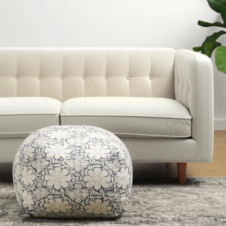 20" Beige Cotton Abstract Pouf Ottoman