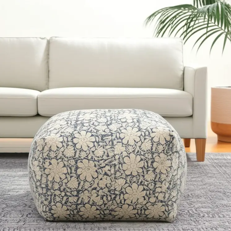 20" Beige Cotton Abstract Pouf Ottoman