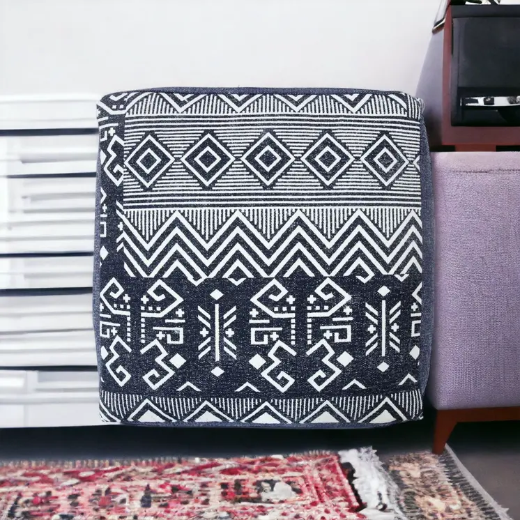 18" Blue Cotton Geometric Pouf Ottoman