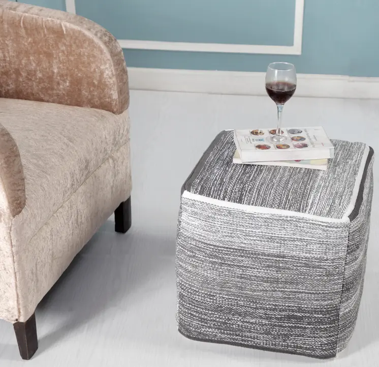 16" Gray Cotton Striped Pouf Ottoman