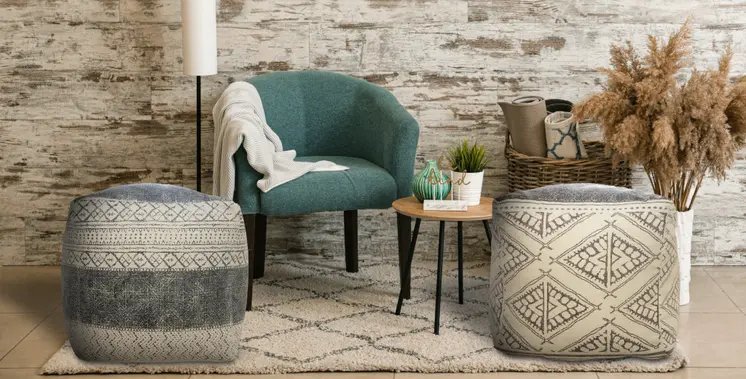 20" Beige Cotton Tribal Pouf Ottoman