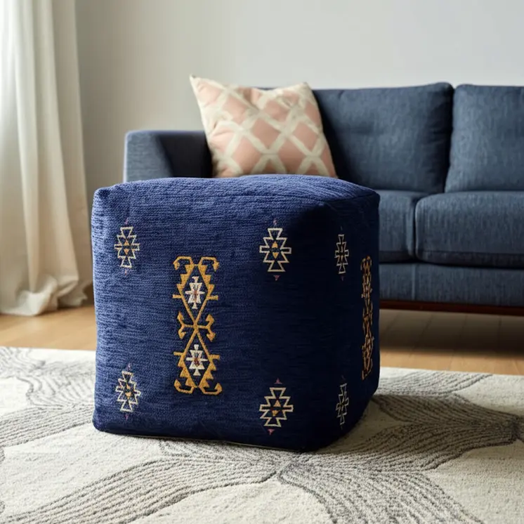 18" Blue Medallion Pouf Ottoman