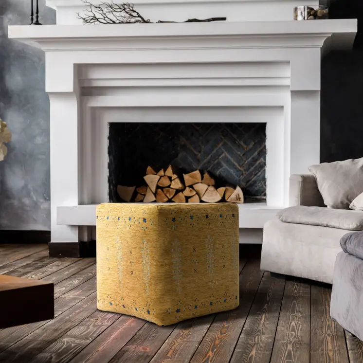 18" Yellow Abstract Pouf Ottoman