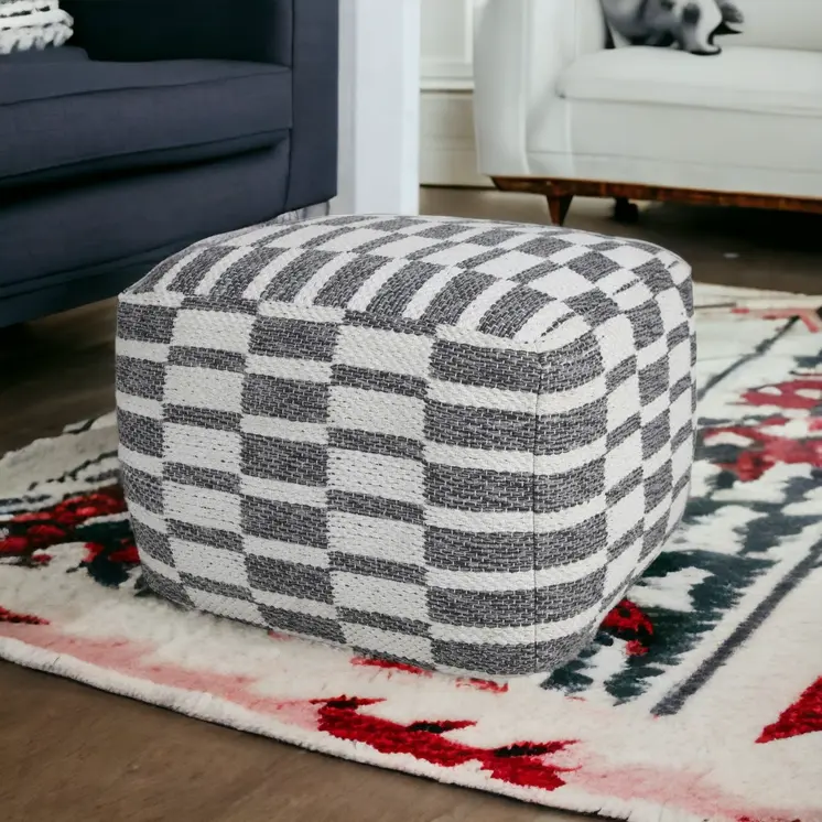 18" Gray Cotton Geometric Pouf Ottoman