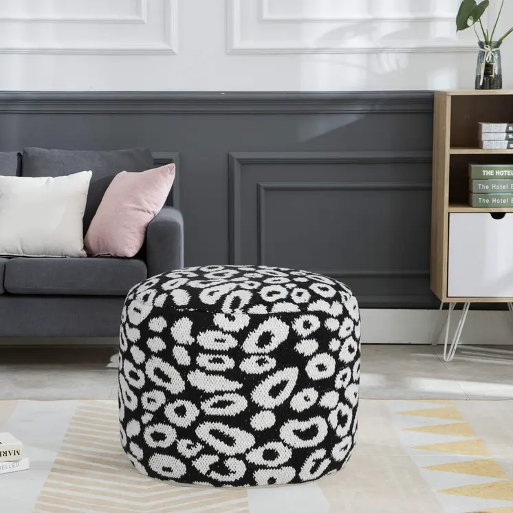 18" Black Cylinder Abstract Pouf Ottoman