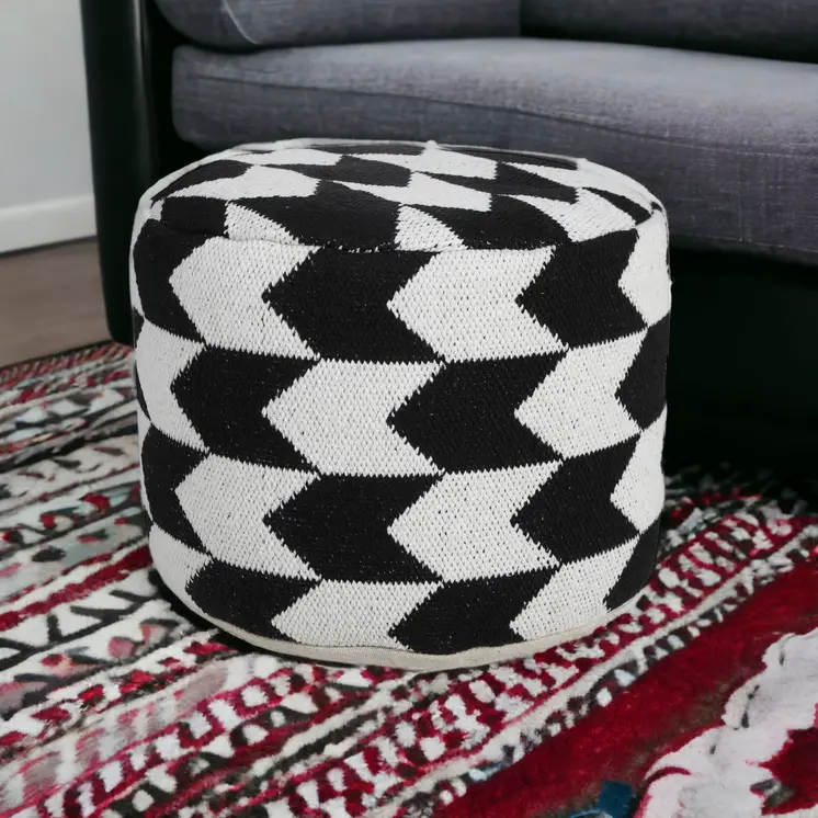 18" Black Cylinder Chevron Pouf Ottoman