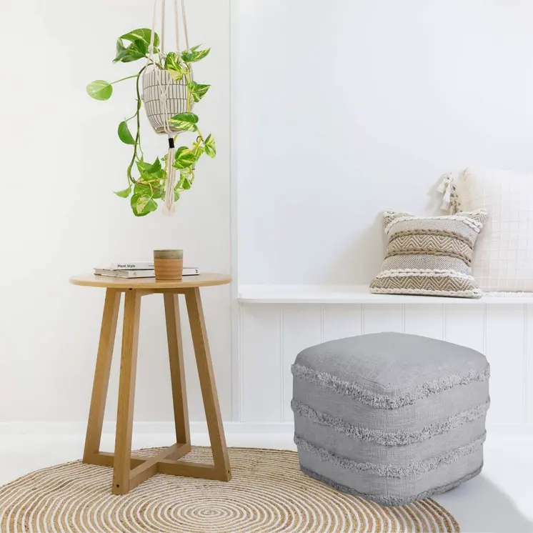 18" Gray Cotton Striped Pouf Ottoman
