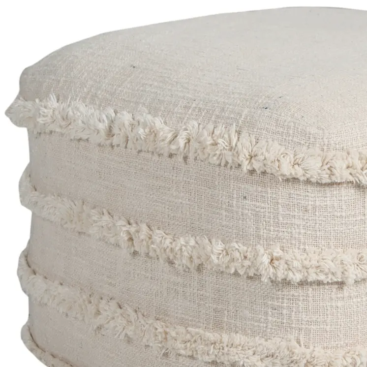 18" Cream Cotton Tufted Cube Striped Pouf Ottoman