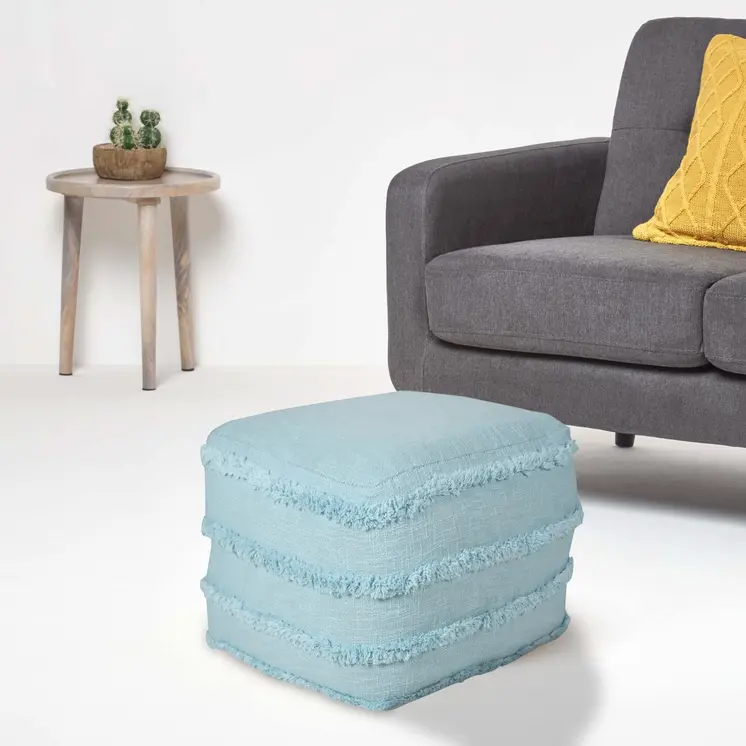 18" Blue Cotton Striped Pouf Ottoman